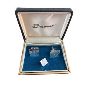 Simmons Silver-Tone Cufflinks & Tie Tack Set with S Monogram Etch MCM Vintage
